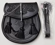 Sporran, Zwart, leer, celtic, pin, 3 tassels